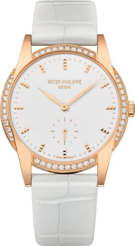 Patek Philippe Ladies Calatrava 33mm White Hobnail Index Diamond Bezel Rose Gold Leather 7122-200R-001