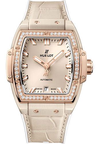 Hublot Spirit of Big Bang Beige Ceramic King Gold Diamonds Watch – 39 mm – Beige Dial – White Rubber and Beige Alligator Strap-665.CZ.898B.LR.1204