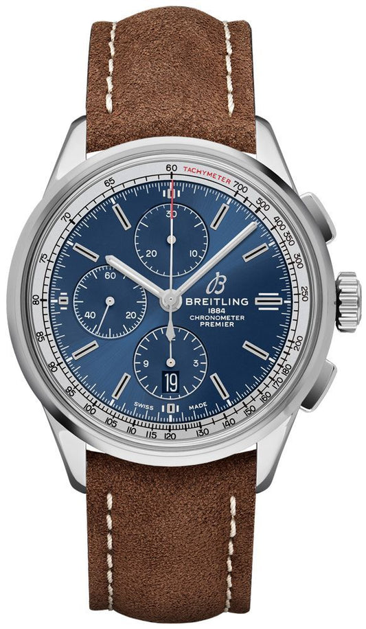 Breitling  Premier Chronograph 42 Stainless Steel / Blue / Nubuck Brown / Tang – A13315351C1X2
