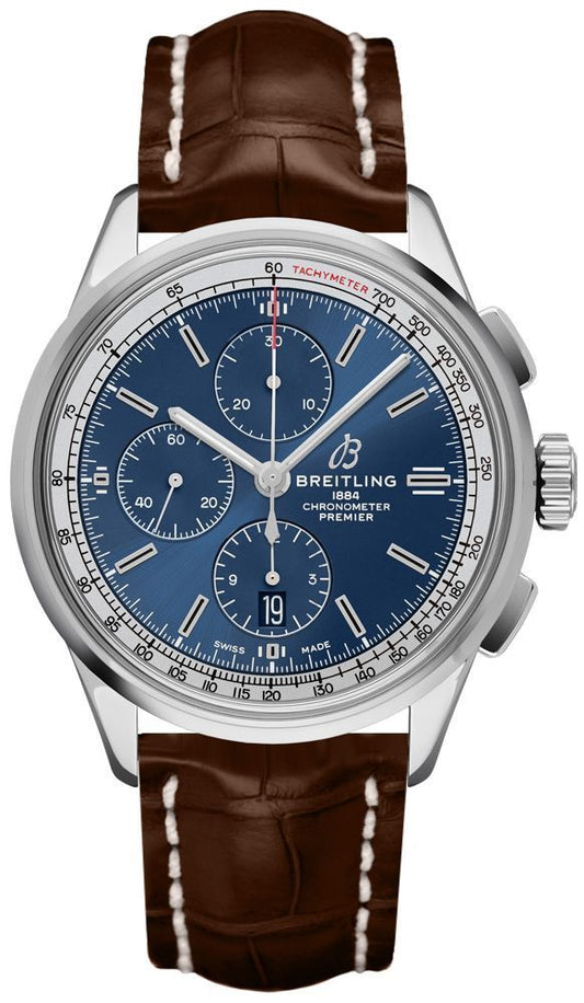 Breitling Premier Chronograph 42 Stainless Steel / Blue / Croco Brown / Tang  – A13315351C1P2