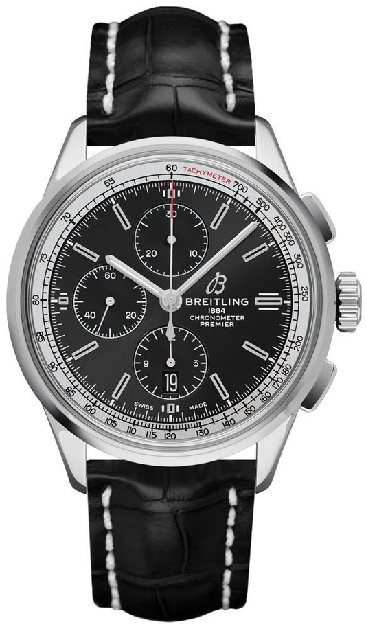 Breitling Premier Chronograph 42 Stainless Steel / Black / Croco Black / Folding- A13315351B1P1