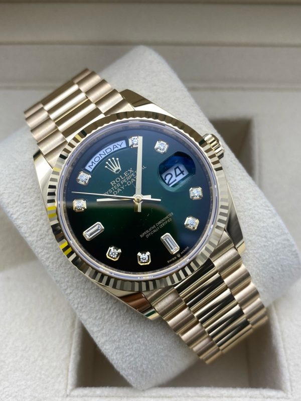 Day Date 36 YG 128238 Green Ombre Dial on President Bracelet