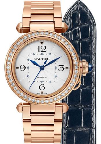 Cartier Pasha de Cartier Watch – 35 mm Pink Gold Case – Silver Dial – Bracelet – Second Navy Blue Alligator Strap – WJPA0013