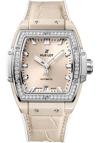 Hublot Spirit of Big Bang Beige Ceramic Titanium Diamonds Watch – 39 mm – Beige Dial – White Rubber and Beige Alligator Strap-665.CZ.891B.LR.1204