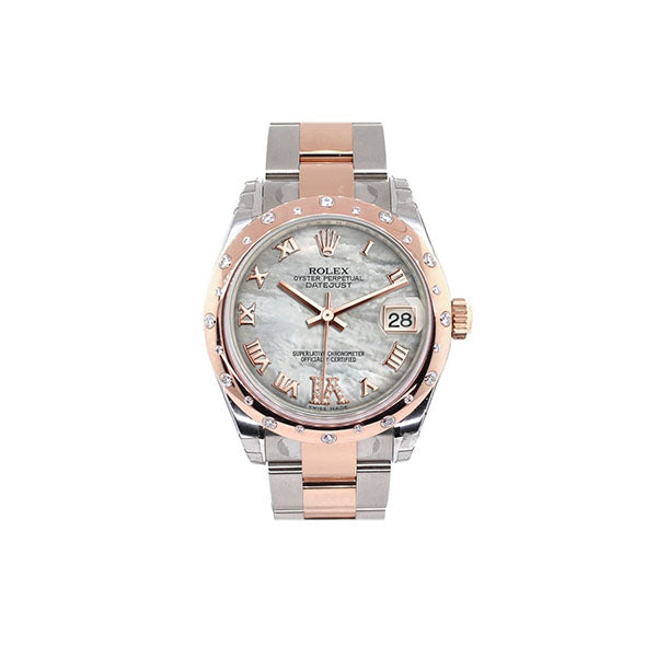 Datejust 31 White Mother of Pearl Roman Large VI set with Diamond Dial Diamond Bezel 18K Rose Gold Two Tone Ladies Watch 178341