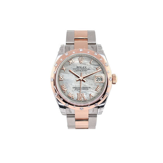 Datejust 31 White Mother of Pearl Roman Large VI set with Diamond Dial Diamond Bezel 18K Rose Gold Two Tone Ladies Watch 178341