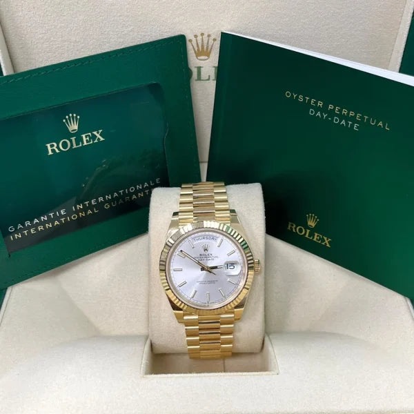Day Date 40 228238 Silver Stick Dial on President Bracelet