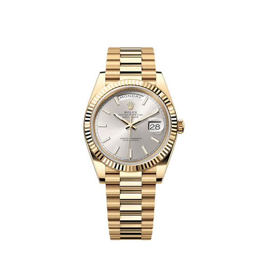 Day Date 40 228238 Silver Stick Dial on President Bracelet