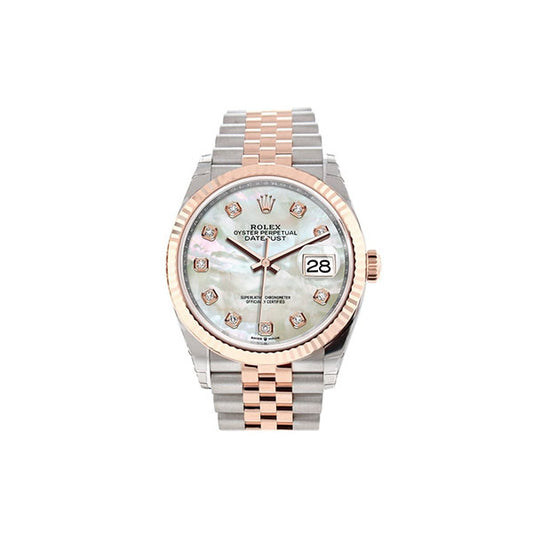 Datejust 36 White Mother-of-Pearl Set with Diamonds Dial Fluted Rose Gold Two Tone Jubilee Watch 126231 NP