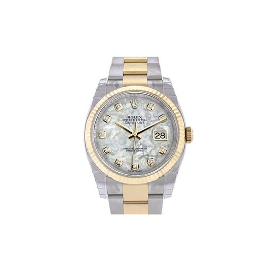 Datejust 36 White mother-of-pearl Diamond Dial Fluted 18K Gold Two Tone Oyster Watch 116233