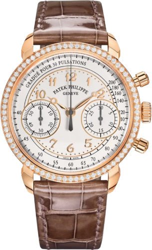 Patek Philippe Complications 38mm Chronograph Rose Gold Silver Opaline Dial Diamond Bezel  7150/250R-001