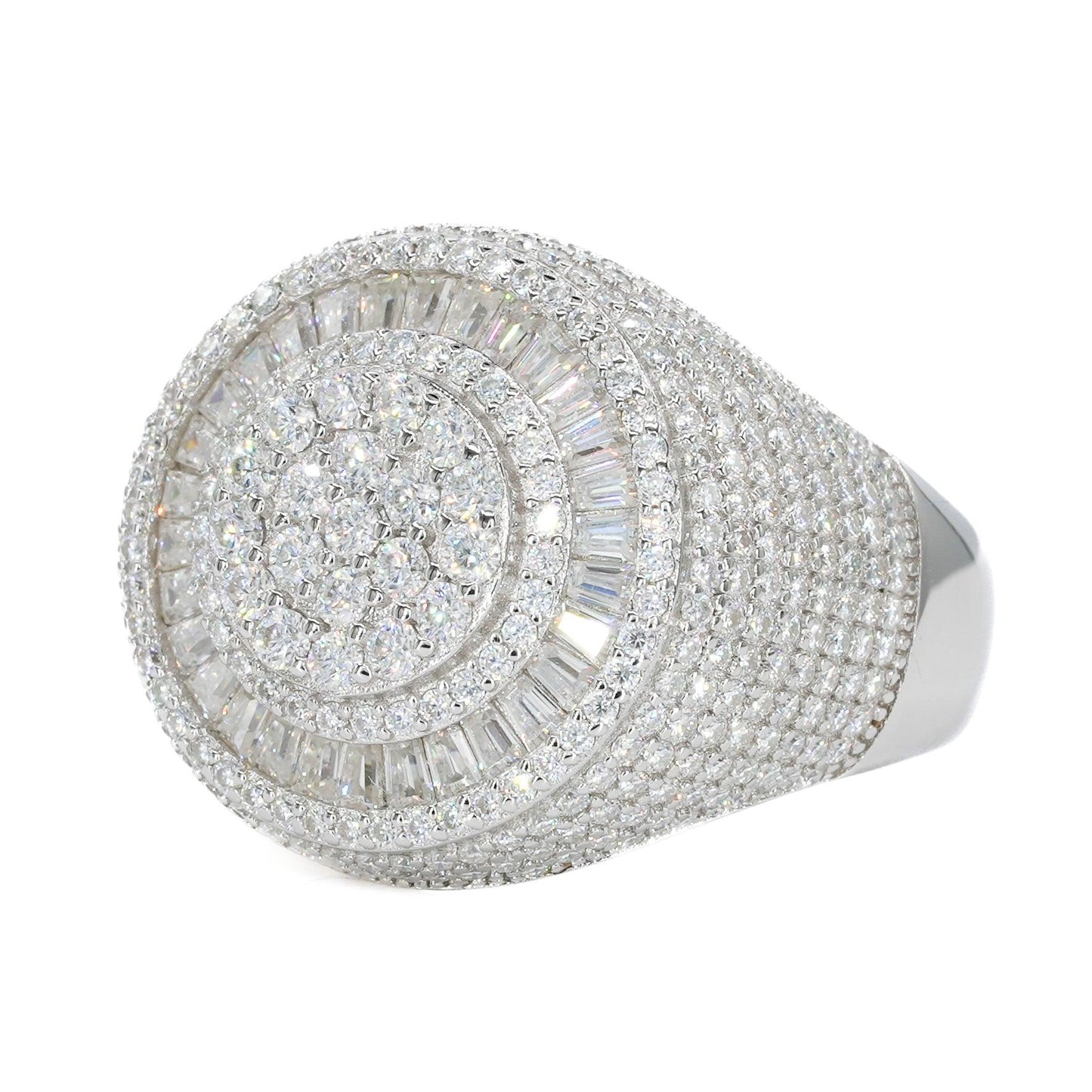 Fully Iced Baguette Round Face VVS Moissanite Diamond Ring