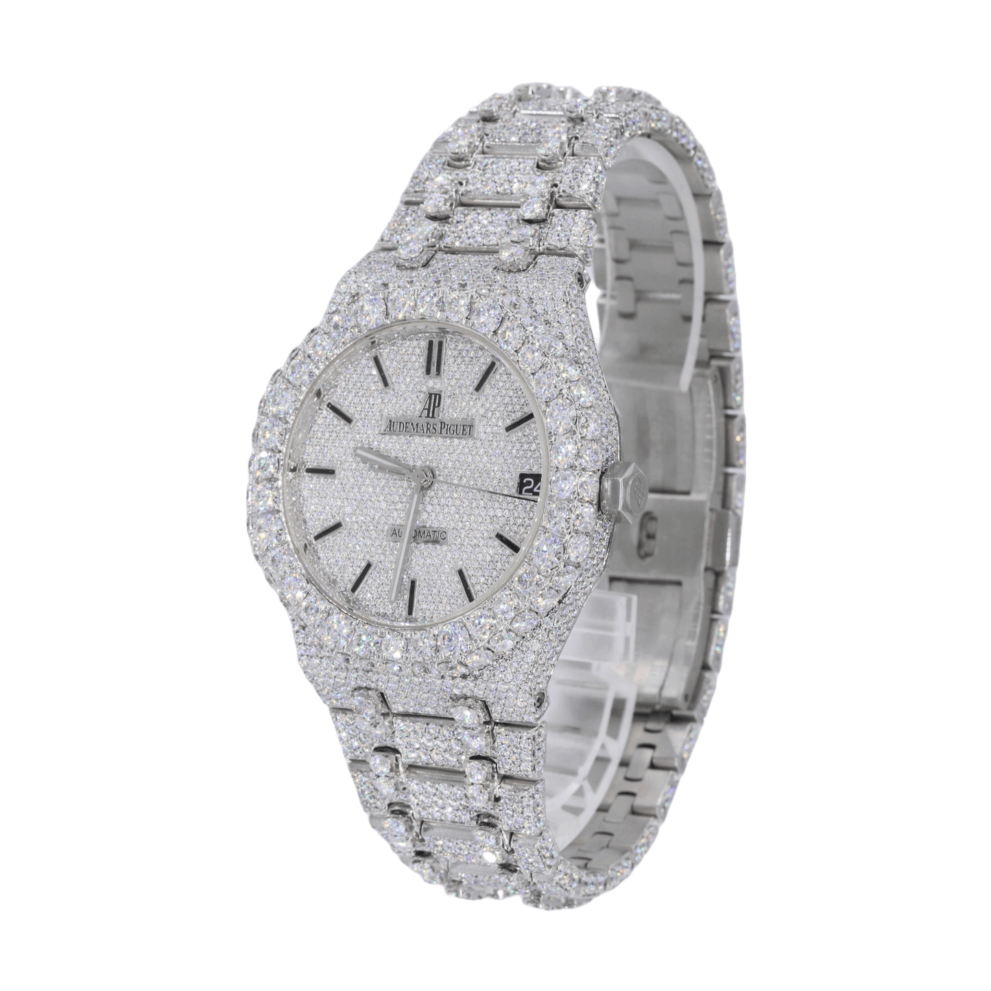 AP Stainless Steel 41MM Moissanite Diamond Watch 25CT Studded Band