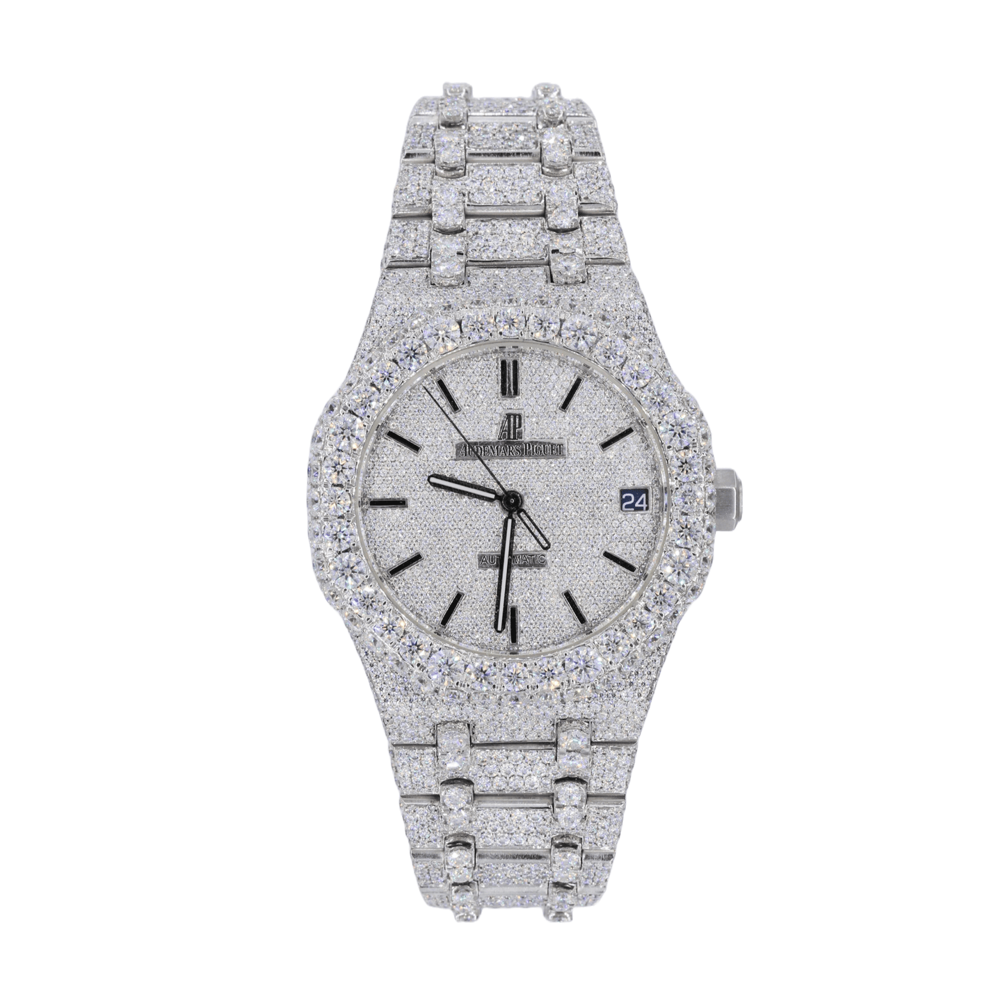 AP Stainless Steel 41MM Moissanite Diamond Watch 25CT Studded Band