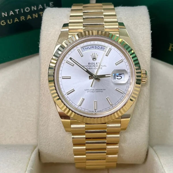 Day Date 40 228238 Silver Stick Dial on President Bracelet