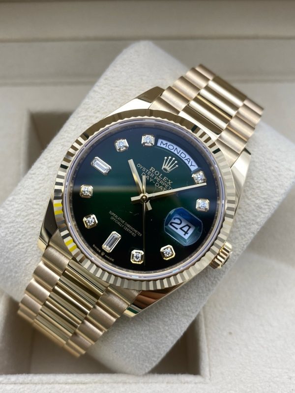 Day Date 36 YG 128238 Green Ombre Dial on President Bracelet
